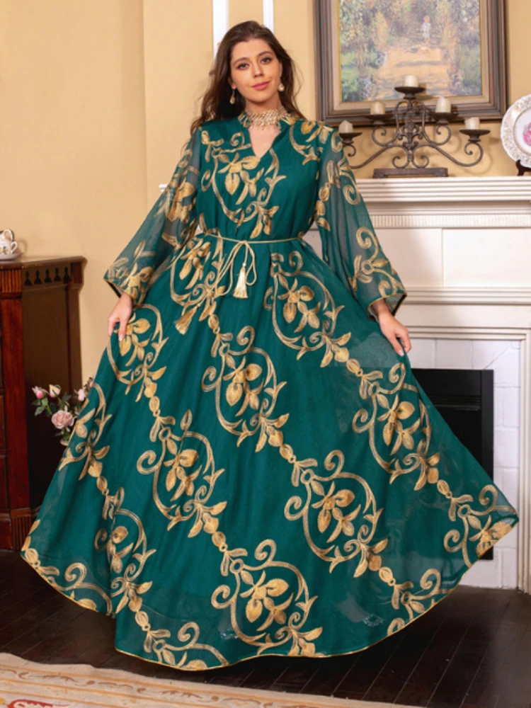 Ramadan Robe Dresses For Women 2023 Elegant Long Sleeve Embroidery Evening Party Dubai Abaya Muslim Casual Dress