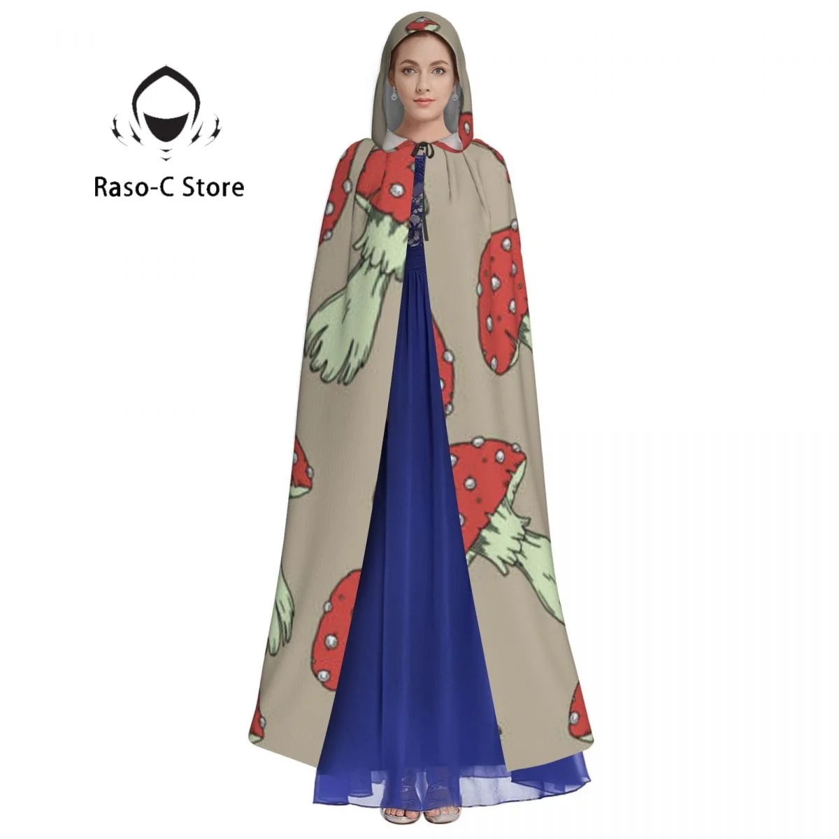 Длинная накидка плащ с капюшоном и агарическим рисунком грибов пальто осенние