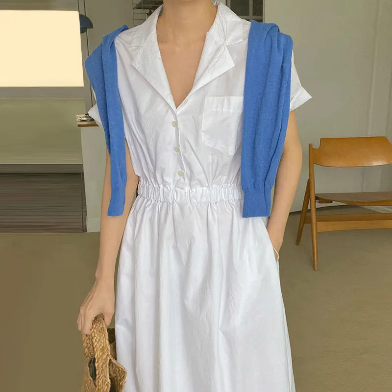 

SuperAen 2022 Summer Notched Three Buttons and Multiple Pockets Slim Waist Short Sleeve Shirt Dresses for Women