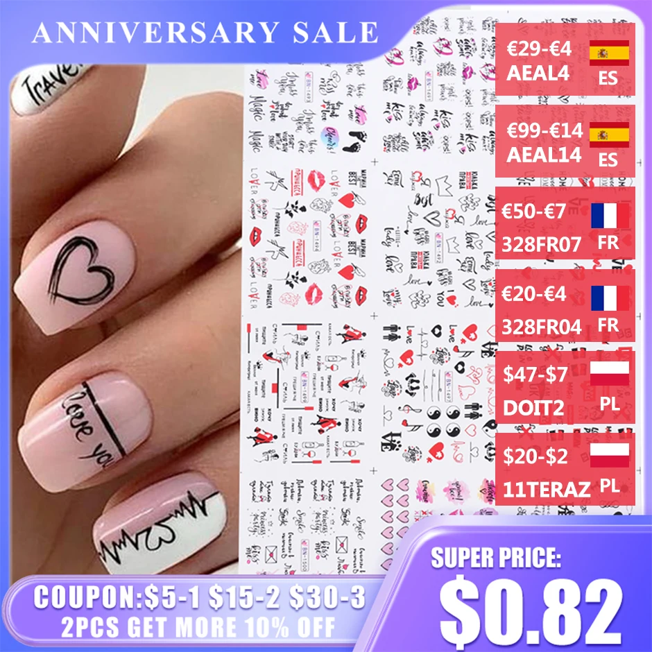 

12pcs Valentines Manicure Love Letter Flower Sliders for Nails Inscriptions Nail Art Decoration Water Sticker Tips GLBN1489-1500
