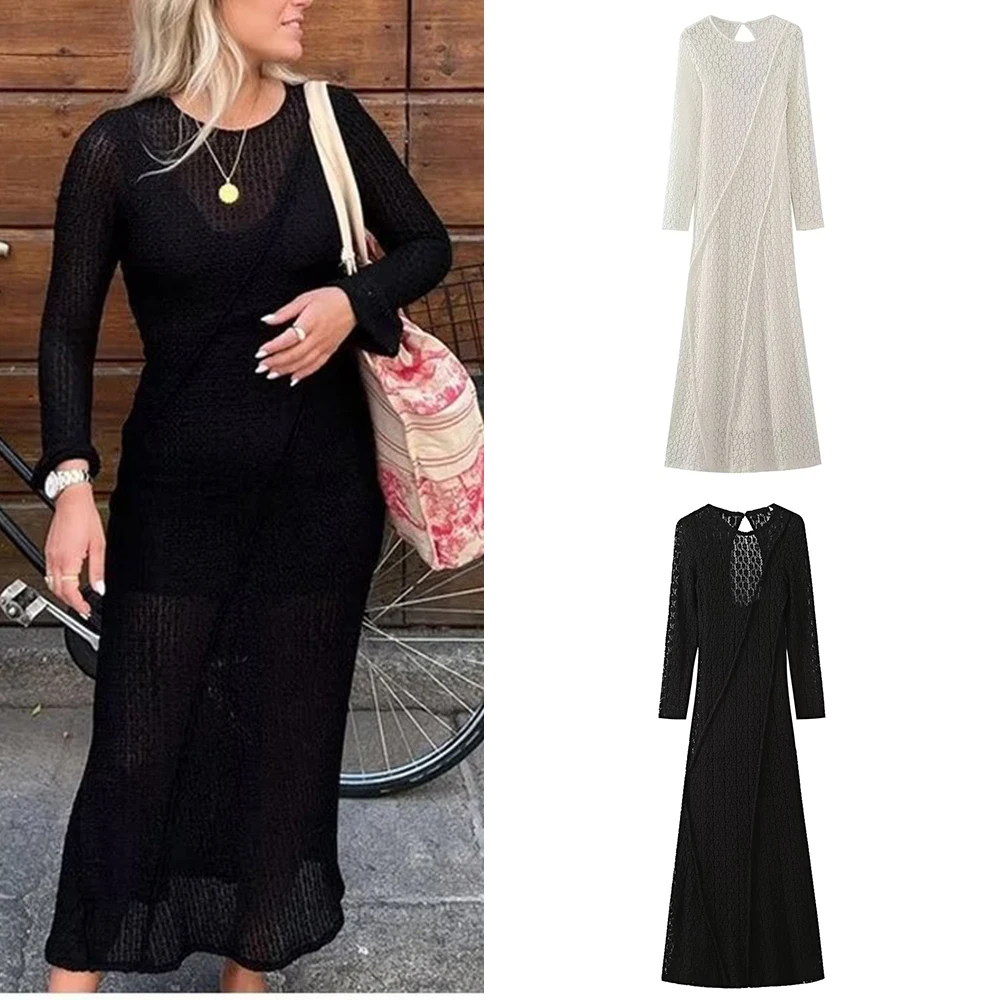 

Autumn new women's clothing European and American style solid color long-sleeved midi dress