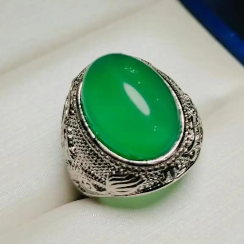 

Mens Green Jade Rings Adjustable Natural Chrysoprase Certified Jades Stone Silver Ring For Men Fashion Accessories Jewellery