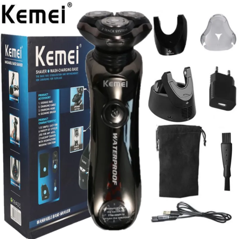 Enlarge Premium Shaver Wet Dry Washable Kenei Face Trimmer Black Kmei Electric Razer with Charger Base High Quality 3 Blade Beard Trimer