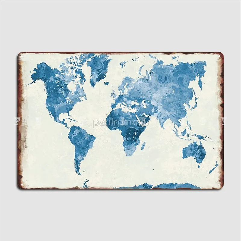 

Карта мира в акварельном синем металлическом знаке, настенная пещера, пещера, паб, индивидуальный Настенный декор, жестяной знак, плакат