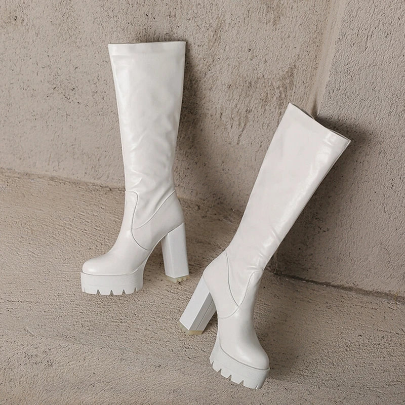 Женская обувь до колена с круглым носком на квадратном каблуке 4 см