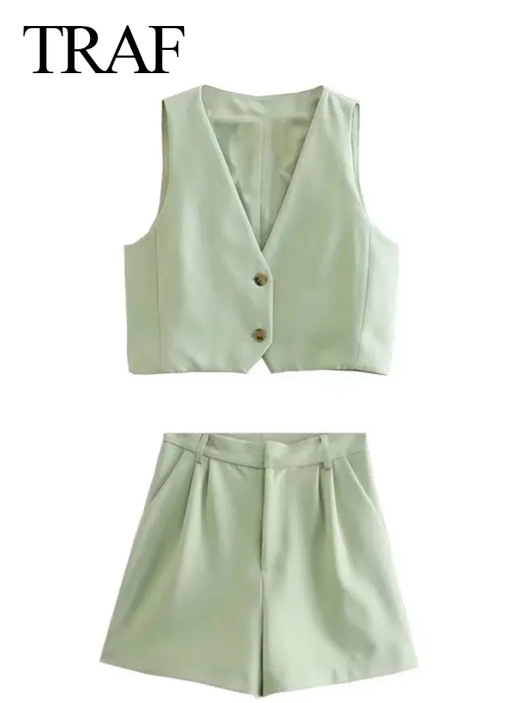 

TRAF Fashion Ladies Short Suit Solid Color Light Green V Neck Temperament Sleeveless Top + Simple High Waist Office Shorts