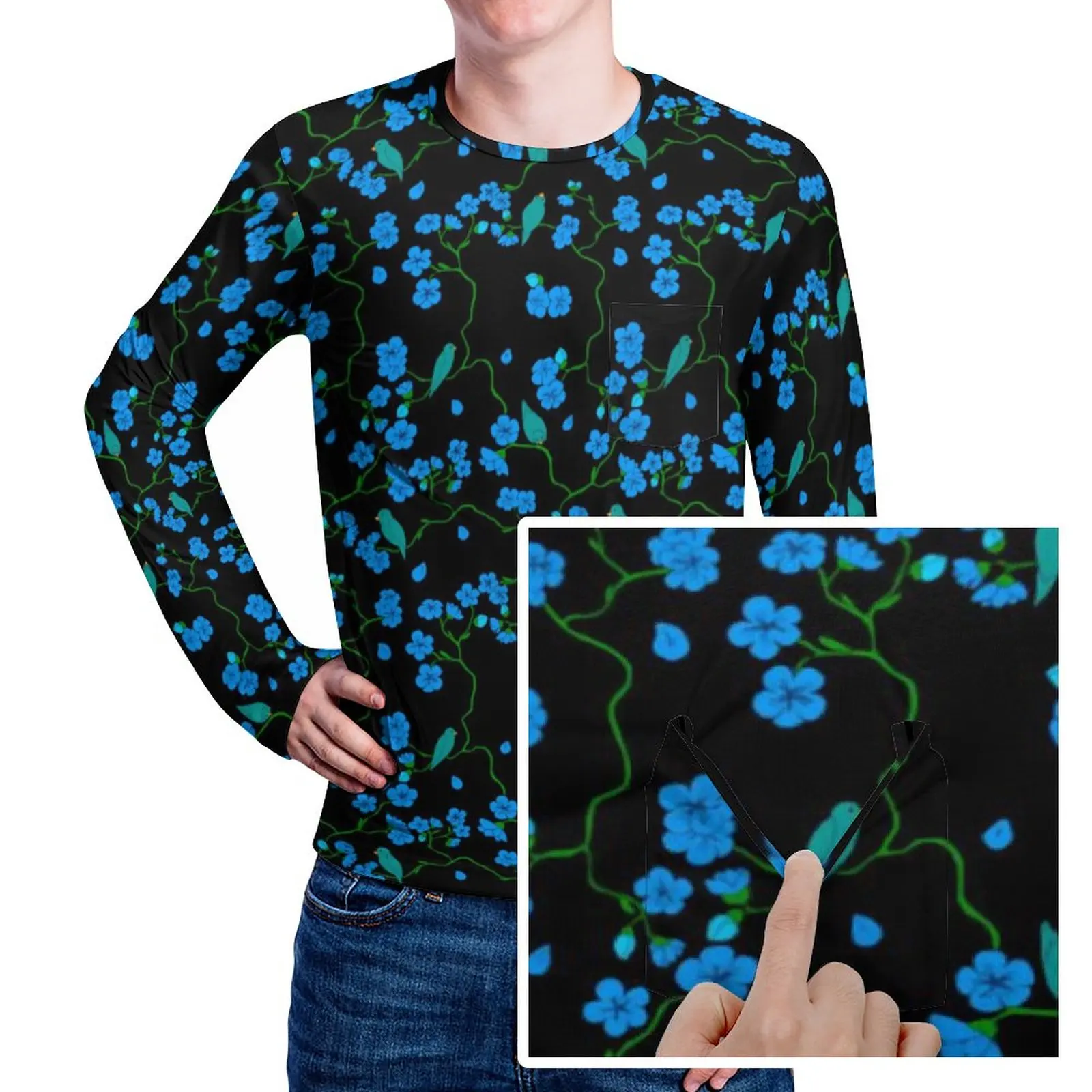 

Футболка с карманами и длинным рукавом, милая дизайнерская рубашка с принтом синих цветов, в стиле оверсайз, для повседневного ношения