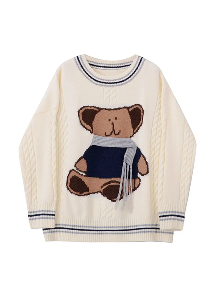 

Зимний женский винтажный свитер в стиле Харадзюку, пуловеры с милым принтом медведя, повседневный модный Свободный женский джемпер большог...