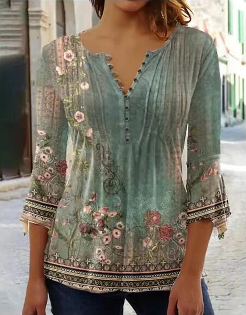 

Casual Women Shirts Elegant Blouse Fashion Flower Print V-neck Button Pullover Tops Office Lady Loose Tee Shirts Femme Blusa