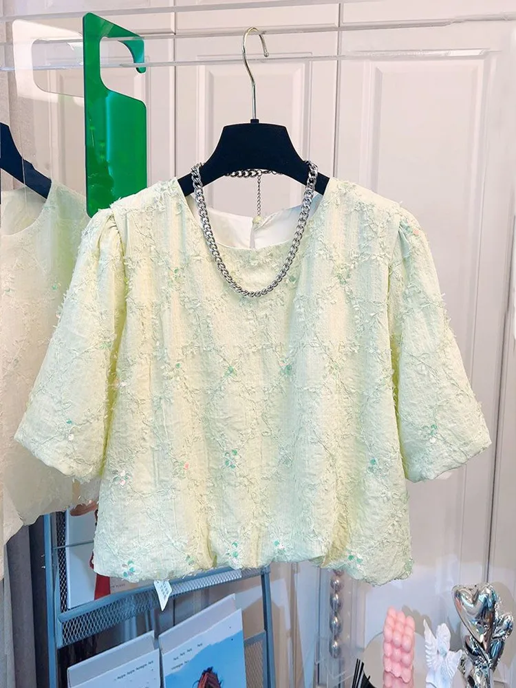 

Korean Green Blouse Women O-neck Puff Sleeve Embroidery Shirts Blusas Chic Summer T-shirt