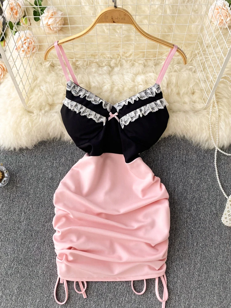 

YuooMuoo Sexy Slim High Waist Wrap Hips Bandage Women Dress 2022 New Summer Lace Patchwork Club Party Mini Camisole Dress