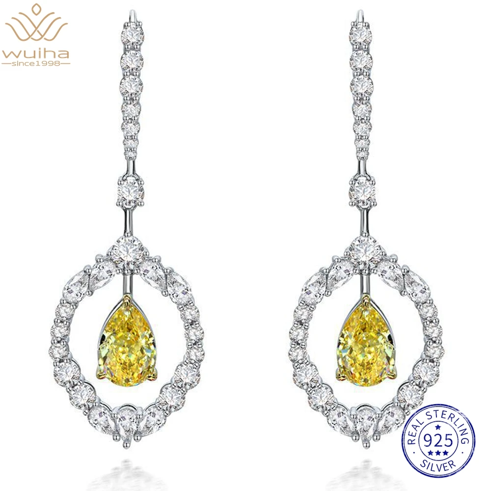 WUIHA Real 925 Sterling Silver 3EX Pear Cut 8*12MM Fancy Vivid Yellow Gem Created Moissanite Diamond Drop Earring for Women Gift