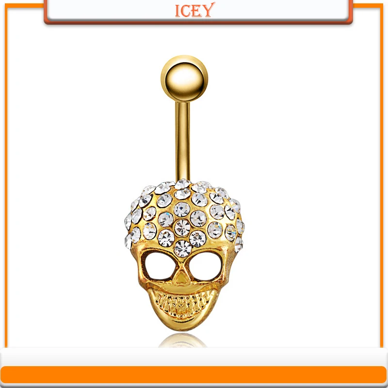

1pc skull belly navel jewelry rhinestones belly ring inlaid crystal navel stud Stainless steel belly button ring alloy navel bar