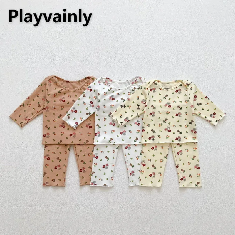 

Пижама, осенняя одежда для девочек, комплект из 2 предметов, хлопковая Домашняя одежда с цветочным принтом, мягкий волнистый костюм для селф...