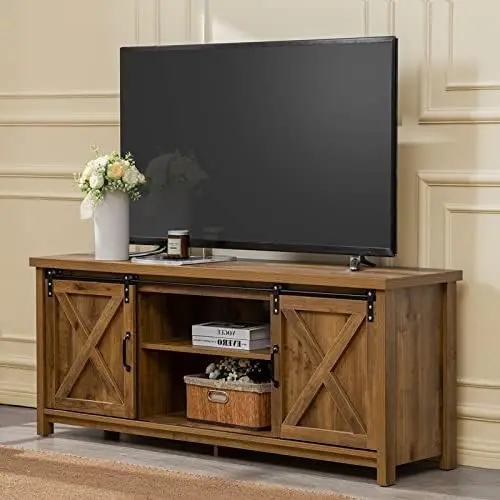 

Farmhouse TV Stand with Sliding Barn Doors, Media Entertainment Center Console Table for TVs up to 65\u201D,2-Tier Large Storage