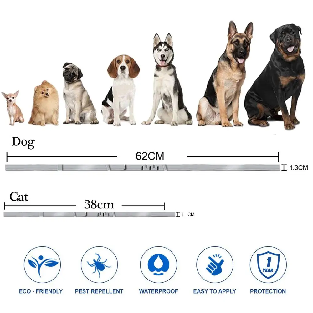 38/62CM Adjustable Dog Cat Collar Flea Tick Prevention Mosquitoes Repellent Rubber For Small Medium Dogs Pet Accessories |