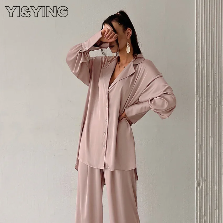 

[YI&YING] New Ice Silk Skincare Cardigan Home Fur Two Piece Casual Long Sleeve Pants Texture Women's Pajamas WAZC830