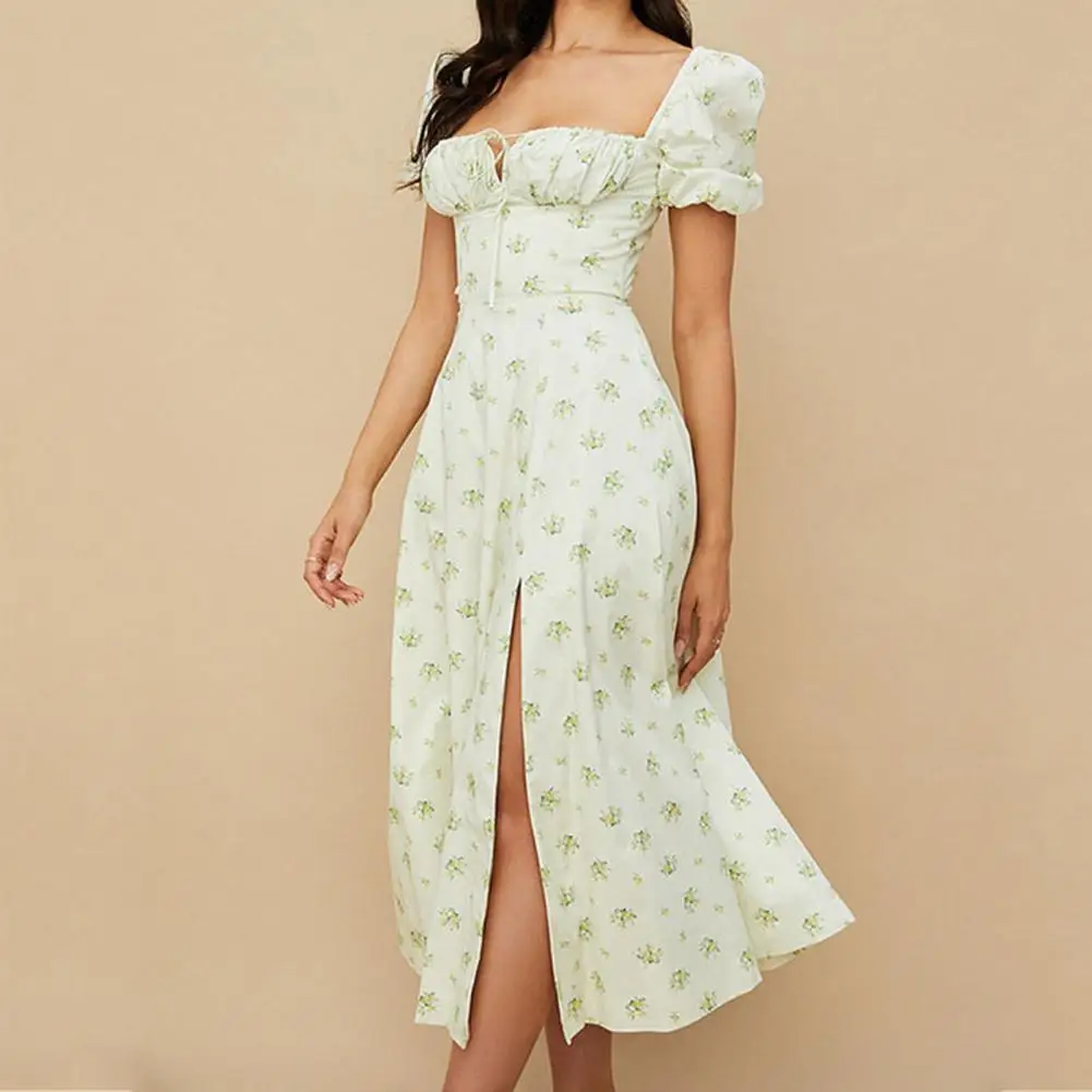 

Short Puff Sleeve Flroal Printed Ruched Party High Split Women Summer Dress Long Maxi Dresses Drawstring Sexy Vestidos Sundress