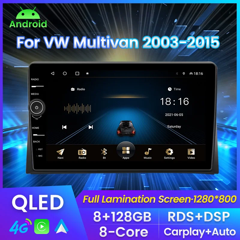 

QLED 1280*800P 8G + 128G Carplay Android Авто Android 11 автомобильная стереосистема для VW Multivan 2003-2015 автомобильный радиоприемник видеоплеер GPS 2Din