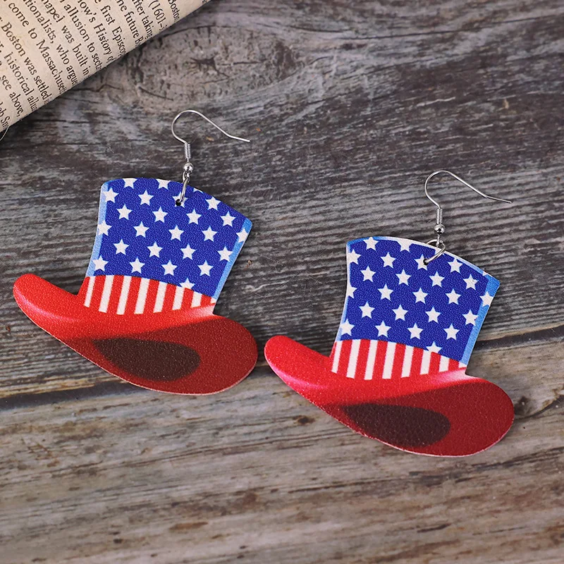 

AMERICAN FLAG TOP HAT EARRINGS Star Stripes PU Leather Drop Dangle Earring for Women Patriotic 4th of July Independence Day Gift