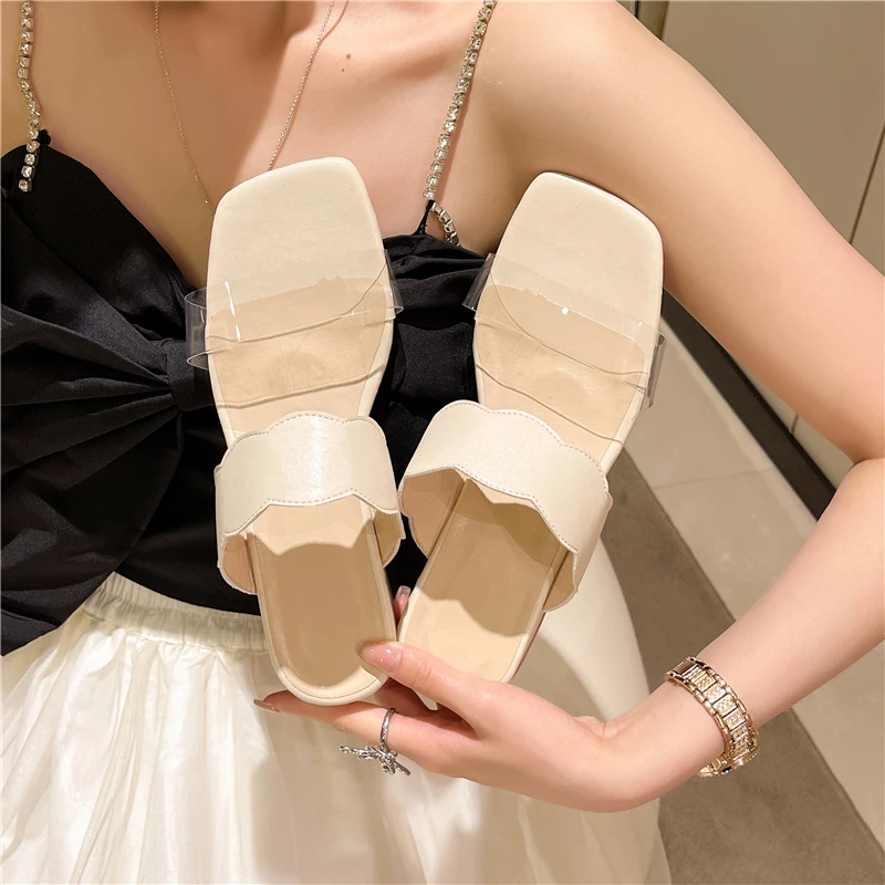 2023 summer new women's Korean version simple solid color square head open toe line square heel fashion sandals