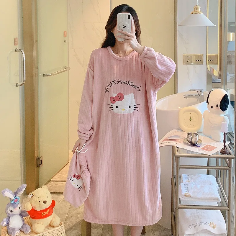 

Y2K Hellokitty Sanrio Pajamas Kawaii Anime Nightdress Plush Dressing Gown with Cloth Bag Girl Thick Autumn Winter Home Wear Gift