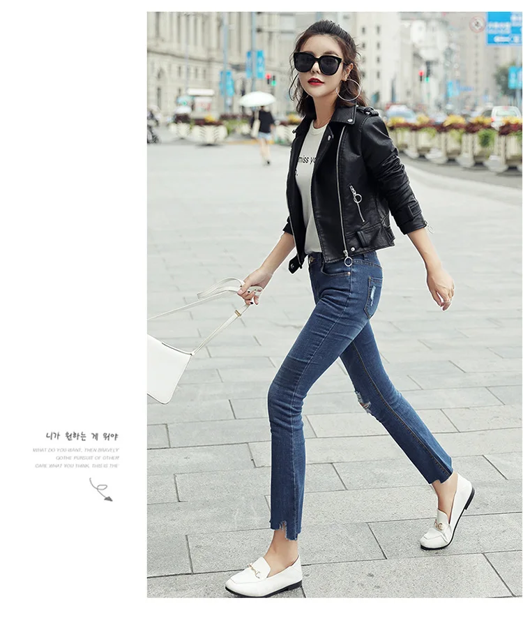 Ring zipper lapel leather coat 2023 women's short leather jacket showing thin coat