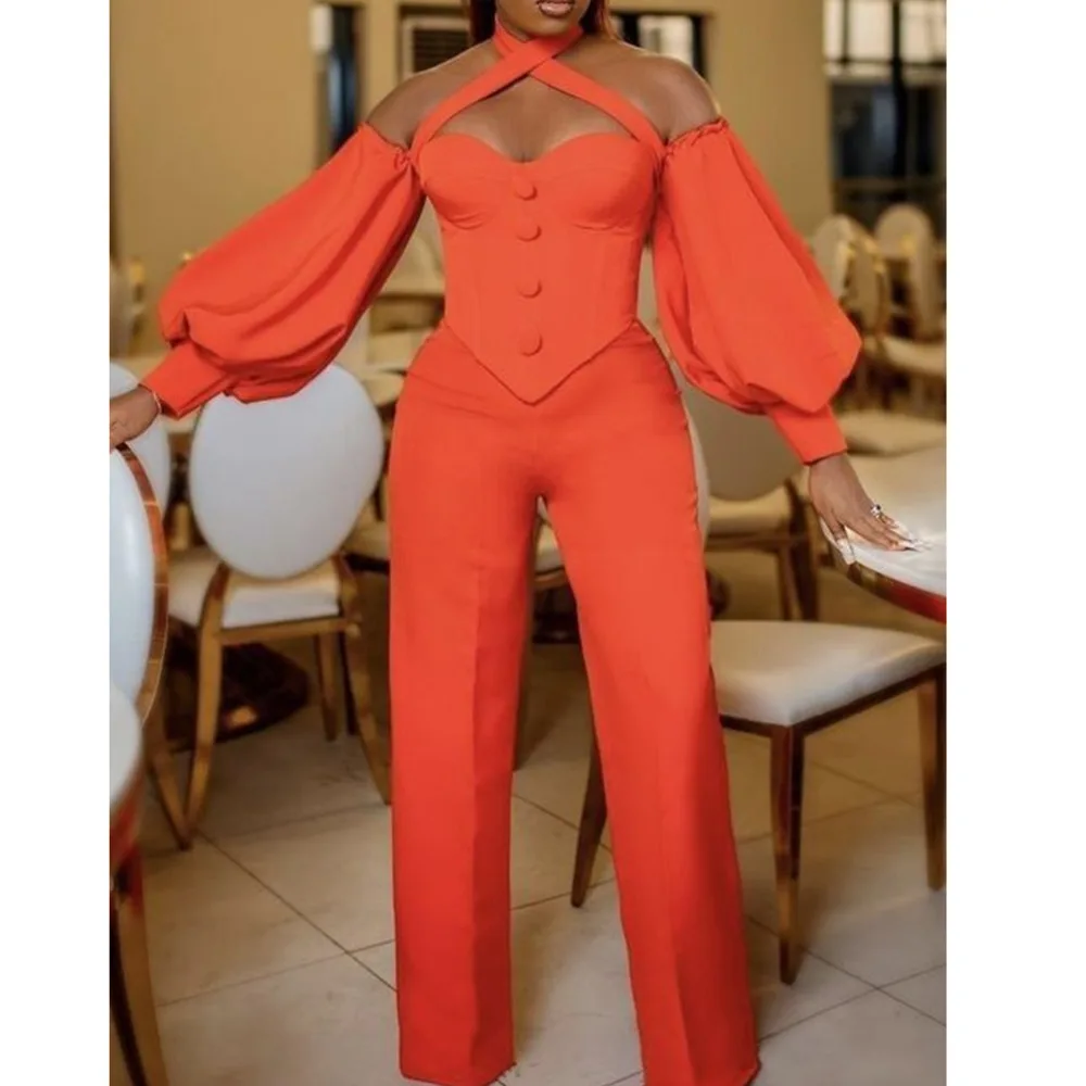 

Orange Jumpsuit With Puff Sleeves Off The Shoulder Slim Strapless Jumpsuit Long Pants Streetwear Fashion Ladies Female Clothes