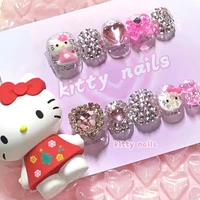 kawaii hello kitty cartoon press on nails y2k handmade anime toy false tips 3d glitter nails stickers accessories manicure set