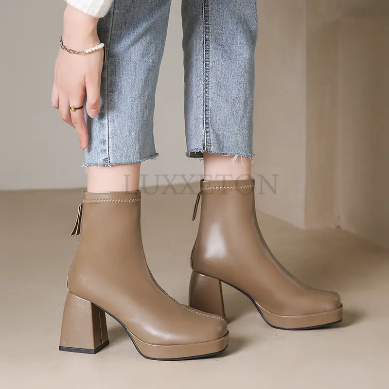 Women Ankle Boots Female Pu Square Toe Block Heels Short Ladies Keep Warm Side Zipper New Autumn Winter