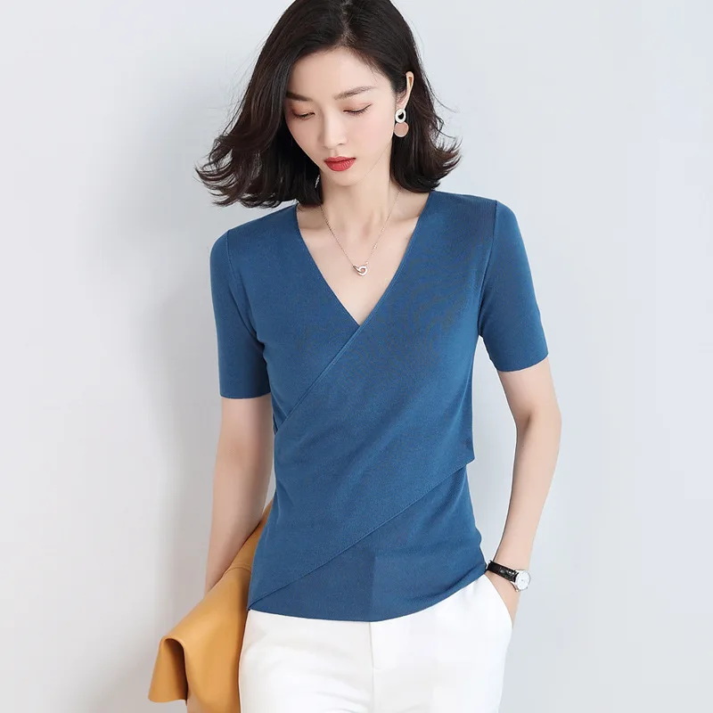 

Short sleeved t-shirt women's 2022 summer new v-neck top Black