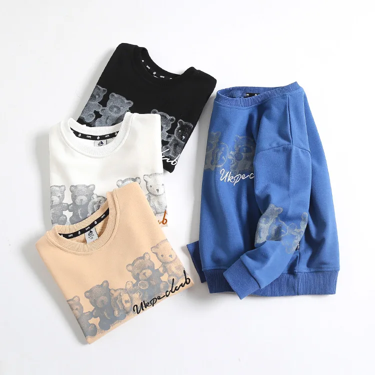 

Korean Style Children's Cartoon Bear Hoodie Medium and Large Boys and Girls Baby Knitted Embroidered Pullover