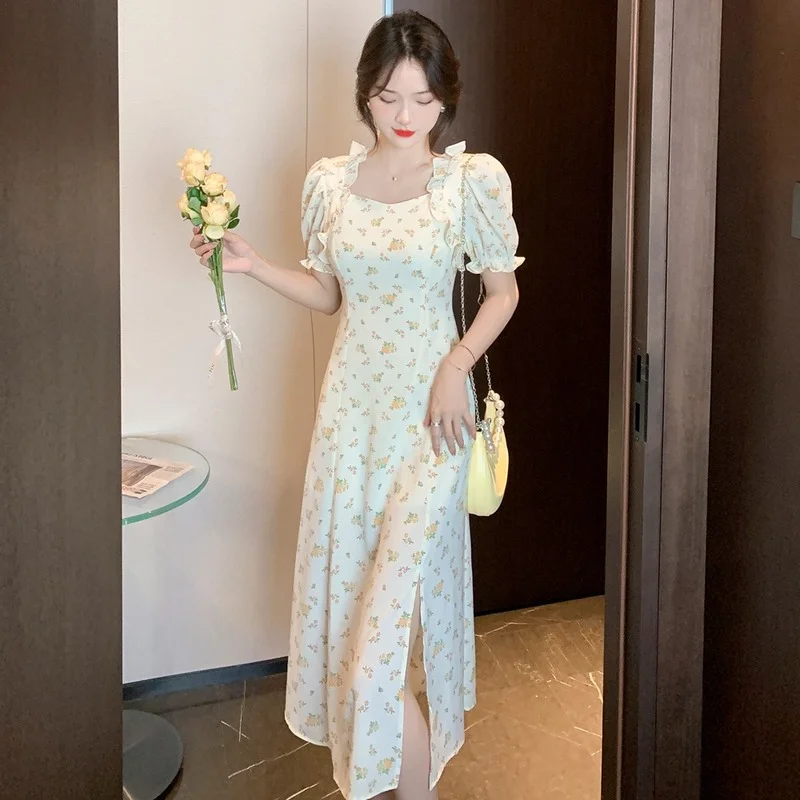 

Женская длинная юбка в стиле ретро, повседневное свободное прямое платье с квадратным вырезом и цветочным принтом, Привлекательная юбка с р...