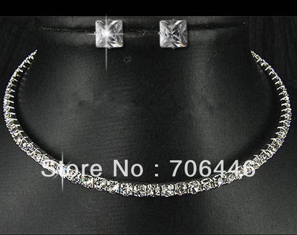 

Silver Plated Clear Rhinestone Single Row Diamante Choker Necklace and Stud Earrings Jewelry Set