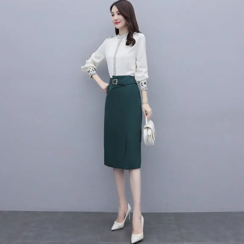 2023 Korean Popular Spring New Vintage Printed Chiffon Shirt Slim Skirt Two-piece Elegant Women's Skirt Suit Office Outfits