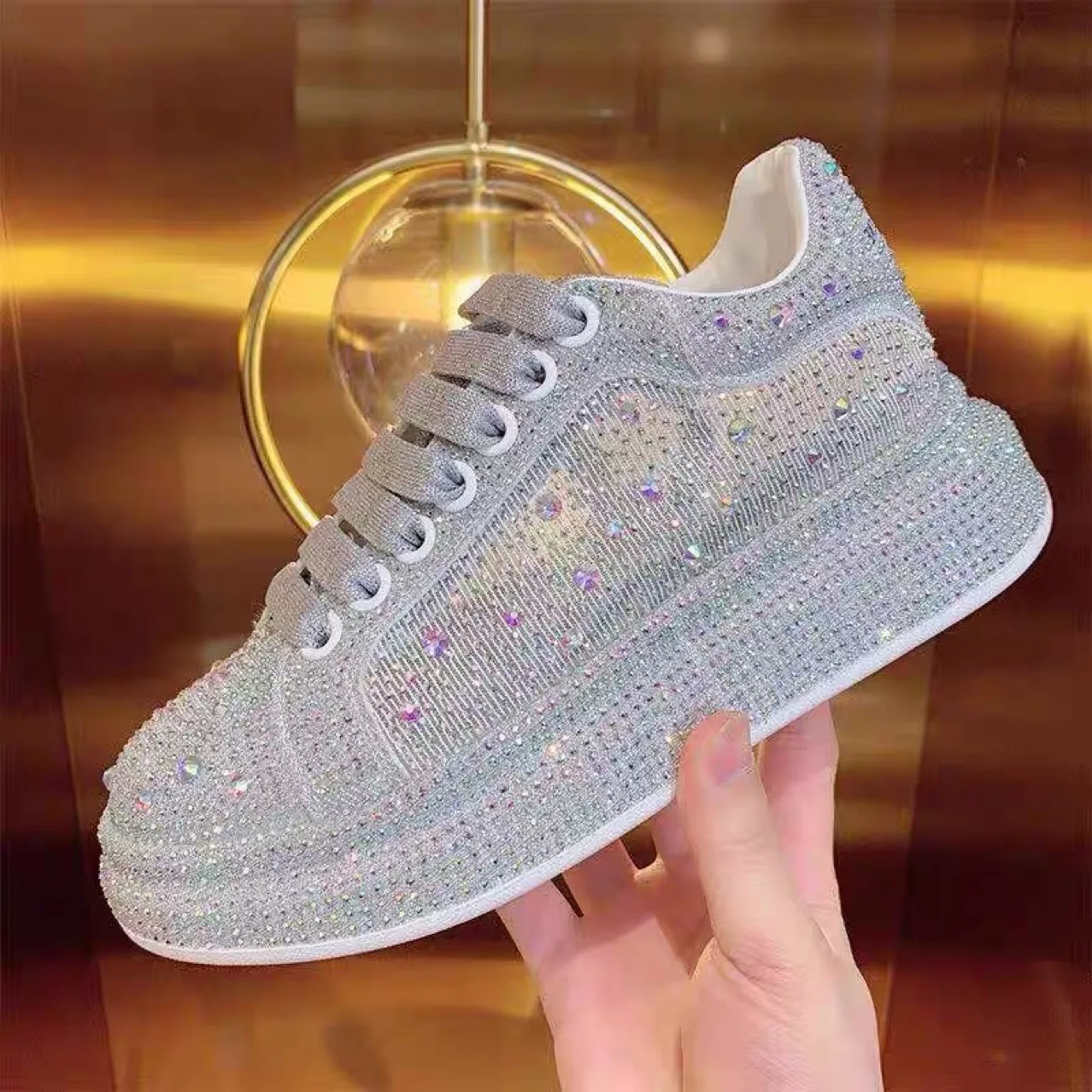 Shoes for Women Tennis Shoes Rhinestone Transparent Crystal Sneakers Women Thick Soles Non-slip Large Size Versatile Shoes 40-43