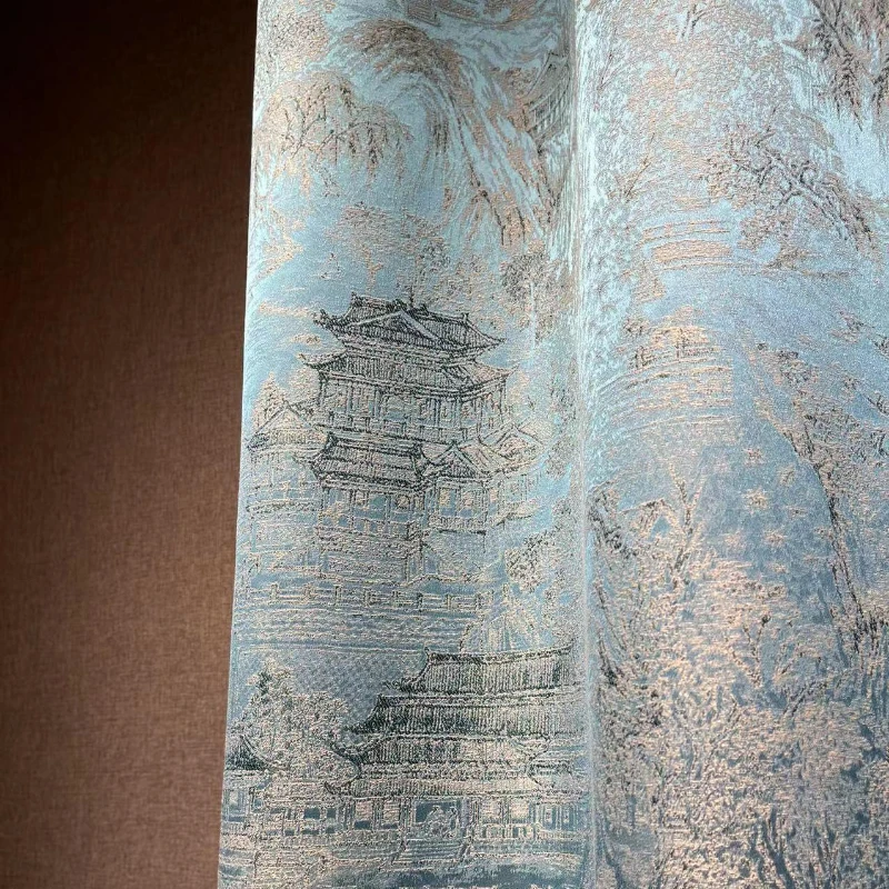 

2023 new Chinese style high precision jacquard Curtains For Living Room Bedroom water blue palace curtain customization