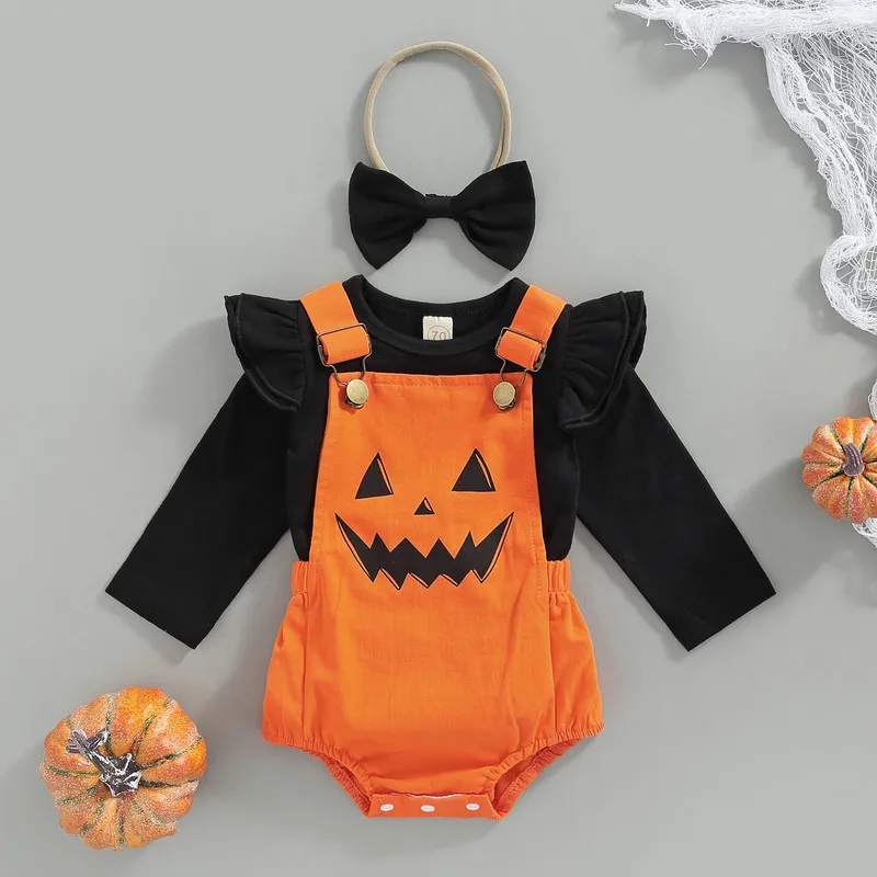 

2022 Halloween Baby Girls Clothes Outfit Fall Solid Color Fly Long Sleeve Ribbed Tops Pumpkin/Ghost Suspender Bodysuit Headwear