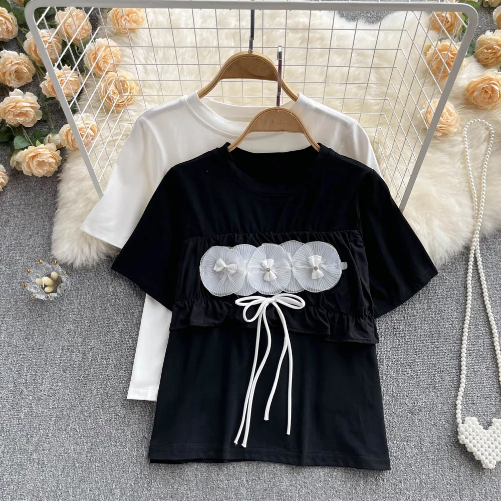 

Summer new European and American round neck beaded bow tie three-dimensional flower short-sleeved T-shirt women's ins top tide