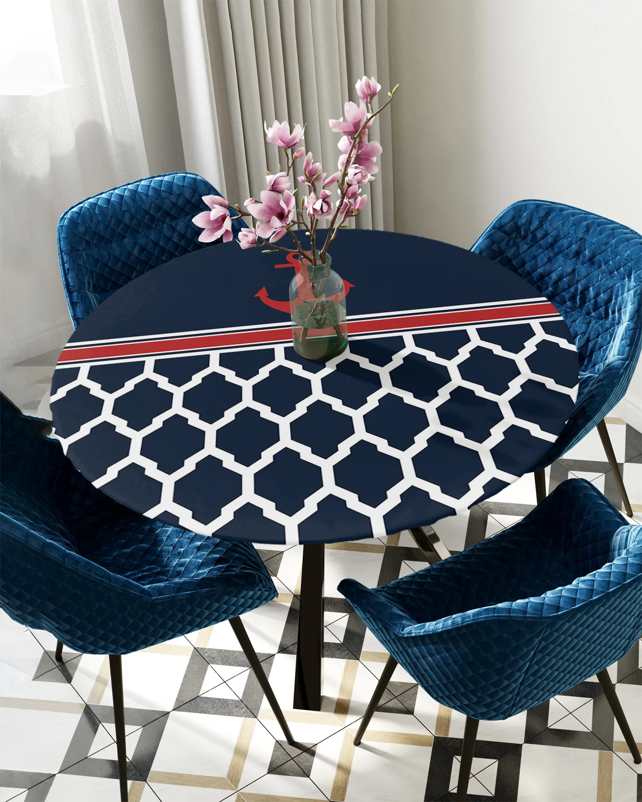 

Navy Striped Anchor Round Tablecloth Waterproof Table Cover Home Decoration Dining Room Elastic Tablecloth