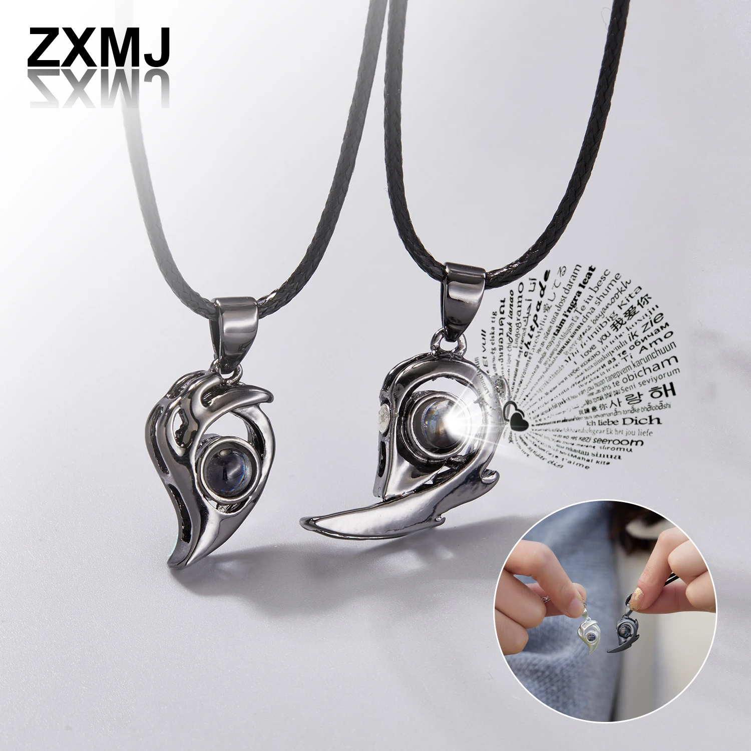 

ZXMJ Hot Sale Couple Necklace Love Magnetic Attraction Necklaces for Women Projection 100 Languages of "I Love You" Necklace Set
