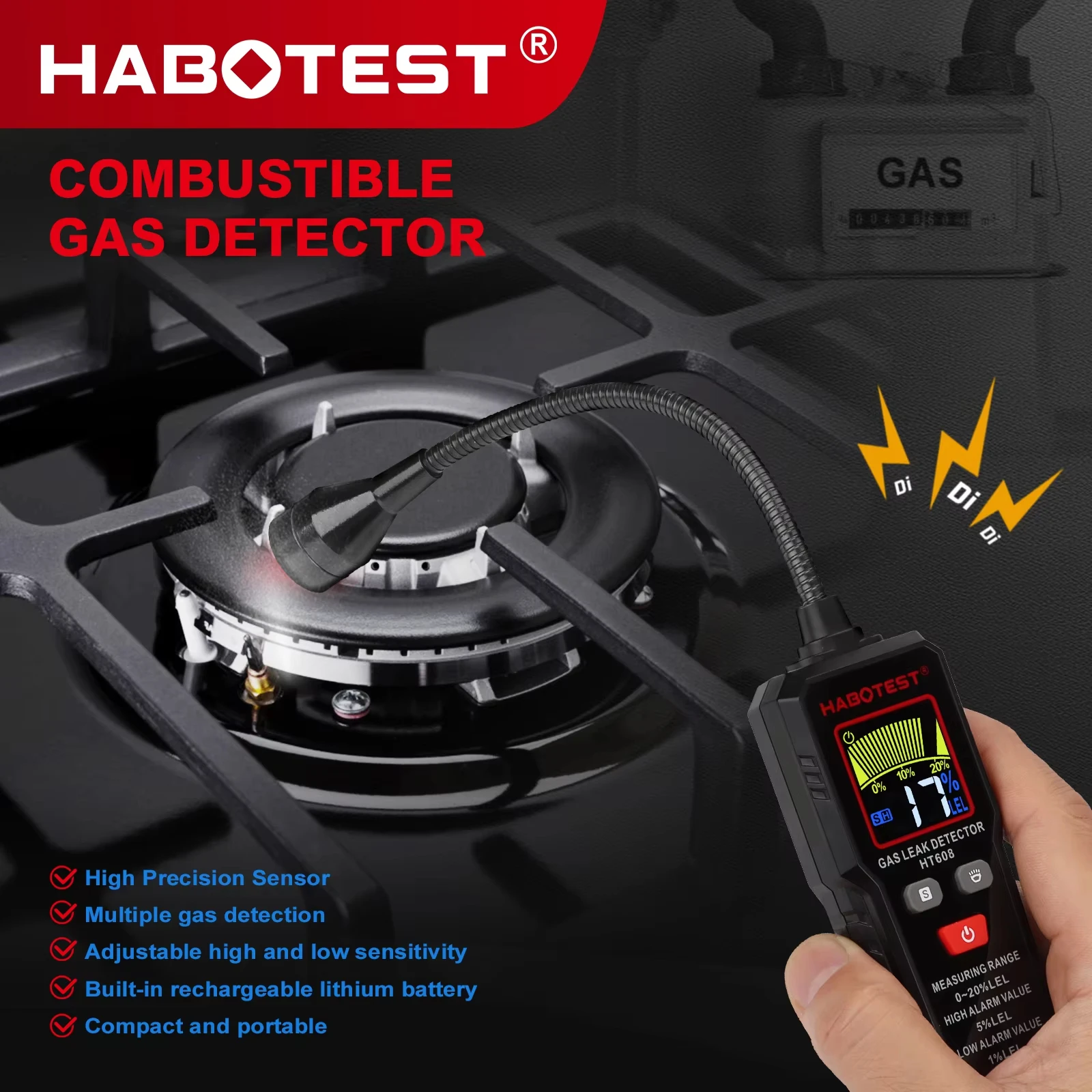 Фото HABOTEST HT608 Детектор утечки природного газа Звуковая и экранная сигнализация Детектор утечки горючего метана Обнаружение местоположения №3