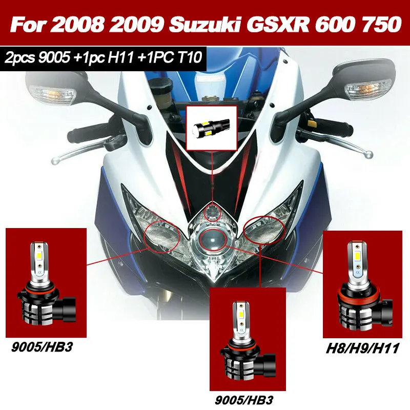 

Комплект светодиодных фар для мотоцикла 9600LM, парковочные лампы дальнего и ближнего света, 4 шт., белый, 6000 К, для 2008 2009 Suzuki GSXR 600 750