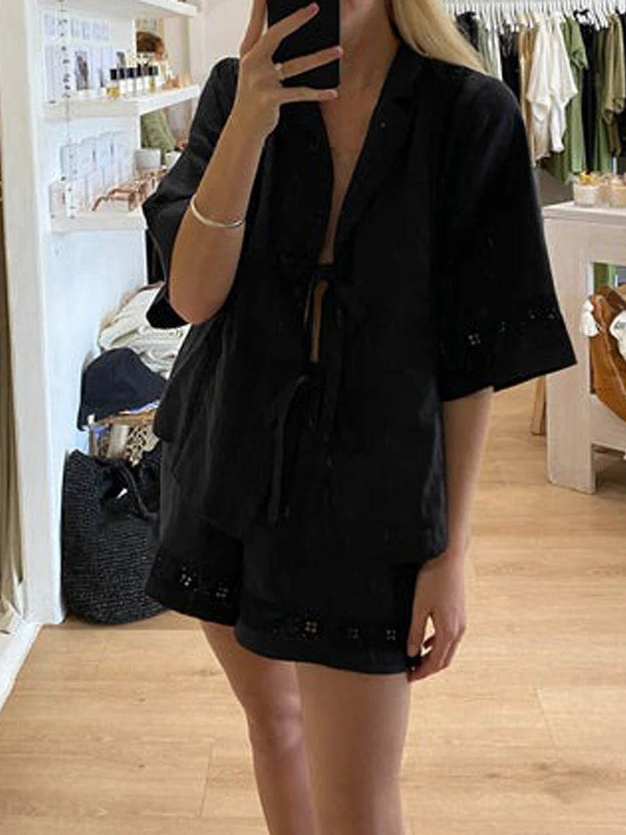 Женская повседневная рубашка из 2 предметов с рукавами 3 4 завязками спереди и