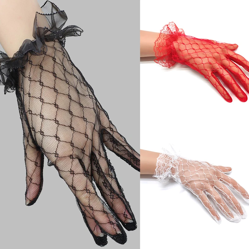 

Women Black Mittens Gloves Tulle Gloves Lotus Leaf Sheers Short Lace Full Finger Gloves Stretchy Etiquette Gloves Wedding