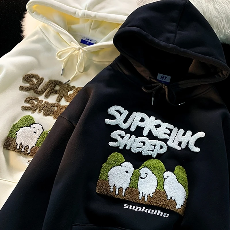 

Cute Cartoon Little Sheep Embroidery Vintage Hooded Sweatshirts Women Winter Loose Korean Fashion Y2k Hoodies Versatile Pullover