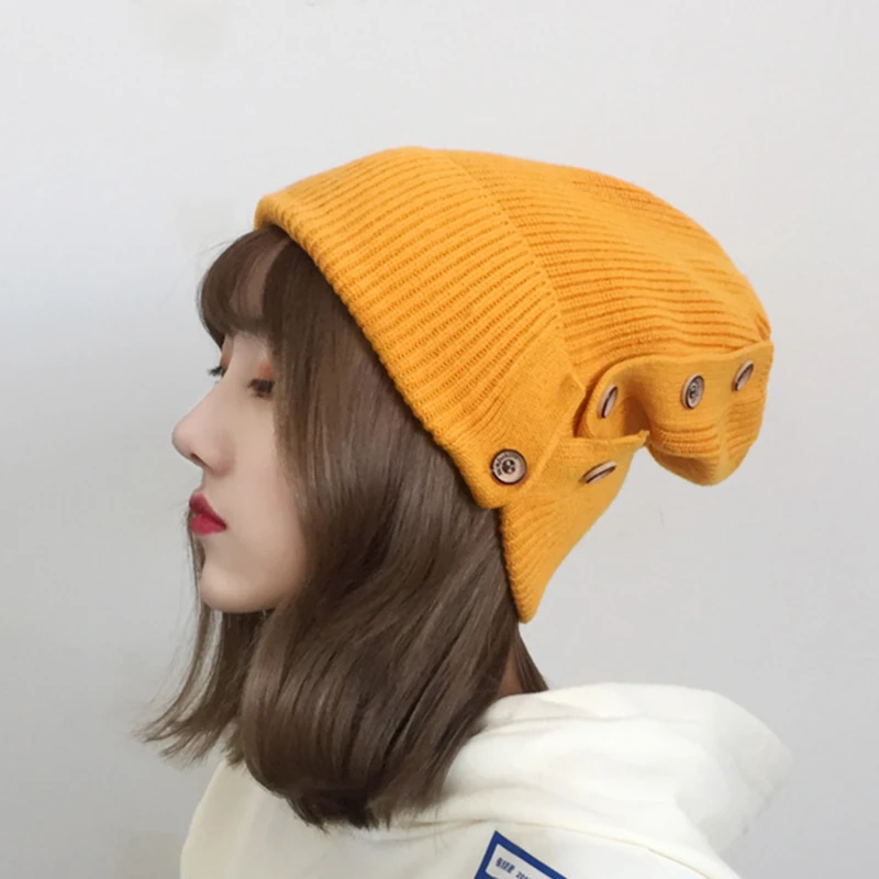 

2022 Autumn Winter Woman Stylish Hot Sell Solid Color Six Colors Knitting Button Decoration Keep Warm Hat All Match