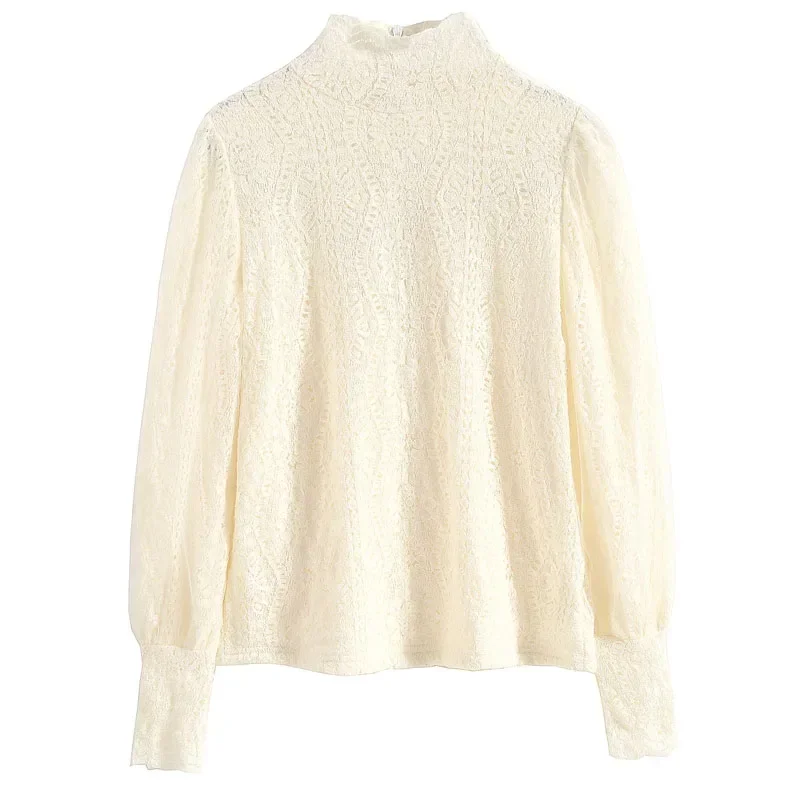 Модная кружевная женская блузка с воротником-стойкой и длинным рукавом