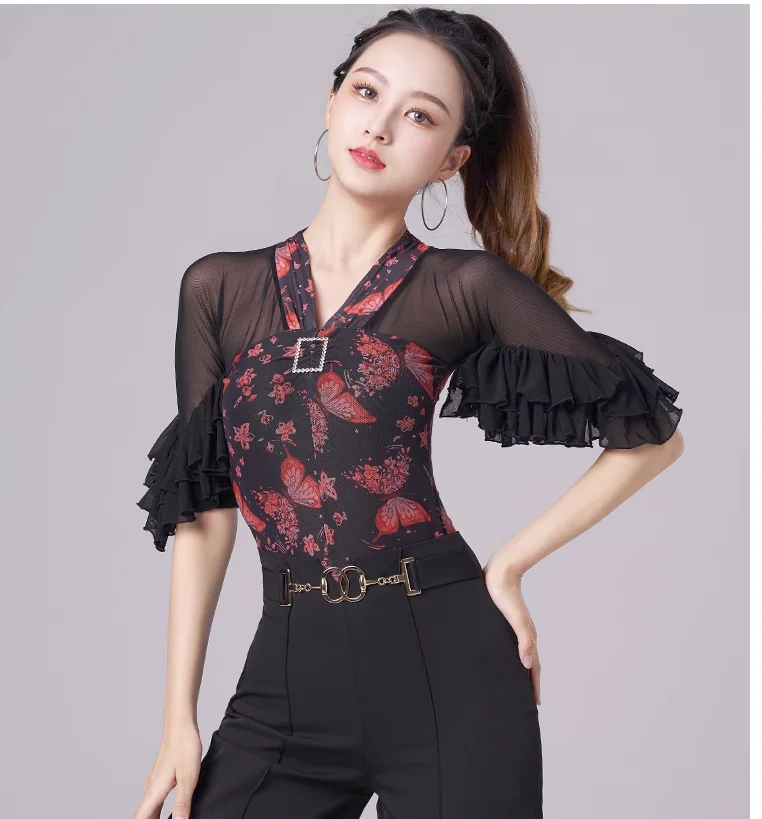 

Modern dance clothes V-shaped one-piece middle sleeve gauze training clothes