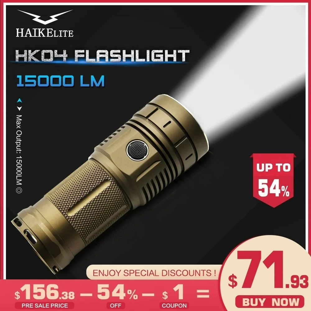 Haikelite HK04 Flashlight 15000LM Flashlight  Anduril UI XHP50.2 Super Bright IPX7 Waterproof Flash Torch Lamp for Camping